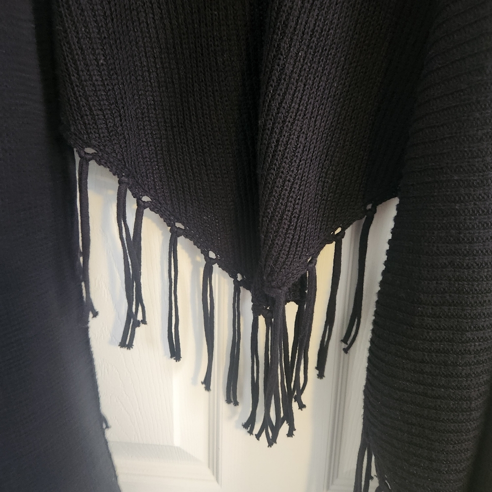 Chico's black wrap, shawl, sweater, cape, with fringe, Size L/XL - Picture 4 of 6